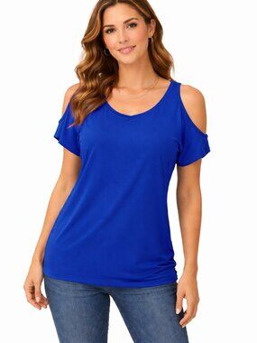 Slinky Brand Blue Blouse Peekaboo Shoulders Women's Large